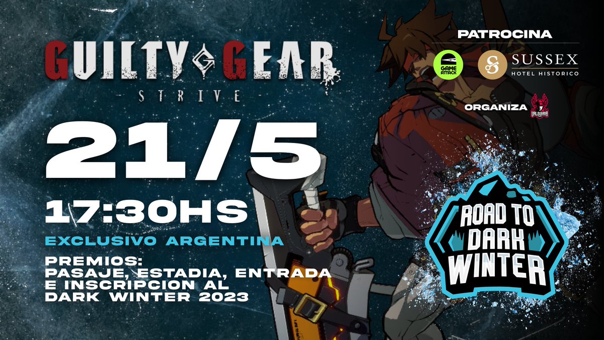 Inscripciones abiertas para el Road to Dark Winter de #GGST 
Torneo Online Exclusivo para ARG🇦🇷

El campeón se gana pasaje, estadía, entrada e inscripción para el #DarkWinter2023 de Guilty Gear Strive

⏰21/5 17:30hs

📝start.gg/tournament/roa…

☎️discord.gg/4X7QehRY

#FGC