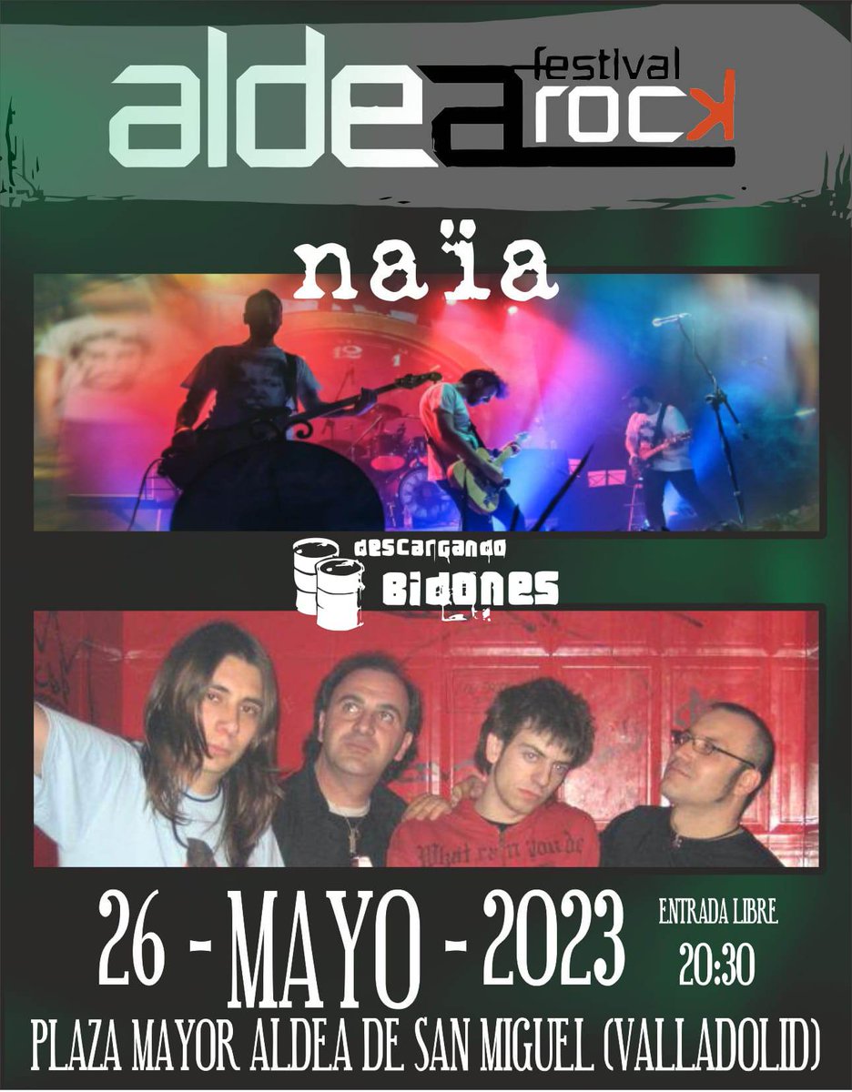 naiaespacio's tweet photo. Dentro de una semana estaremos en la presentación del festival Aldearock en Aldea de San Miguel (Valladolid) junto  a Descargando Bidones antesala del 3 de junio con @HenrikFreischlader @losfusiles @MontanaStomp y @Askvader https://t.co/QokcODRm3p