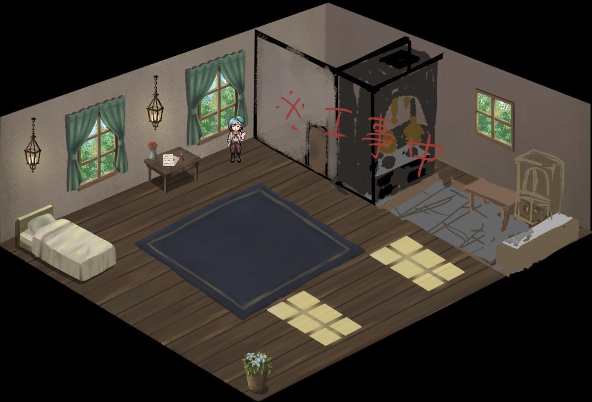 nyaaamiii1182's tweet image. #RPGMakerUnite 
#プレミアムツクールデー
内装作り始めました。
せっかくUnityeなので、斜めアングルでいこうと思います。斜め歩行のアプデ待ってます。
台所以外の家具(カーテン、ラグ、机、観葉植物、ベッド、ランプなど。その他にもまだ置く予定)は変更出来るようにする予定です。