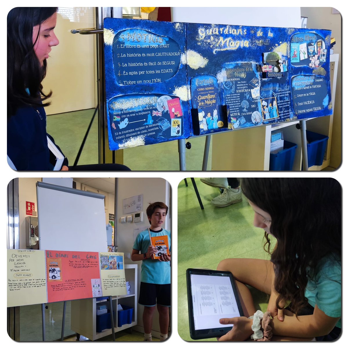 Els alumnes de 6 Primària comencen la ronda de defensa dels llibres que més els agraden! Exposició oral amb el suport visual de #displays, i coavaluació entre companys amb <a href="/CoRubrics/">CoRubrics</a>! Aprenentatge #SegellColeMontse!