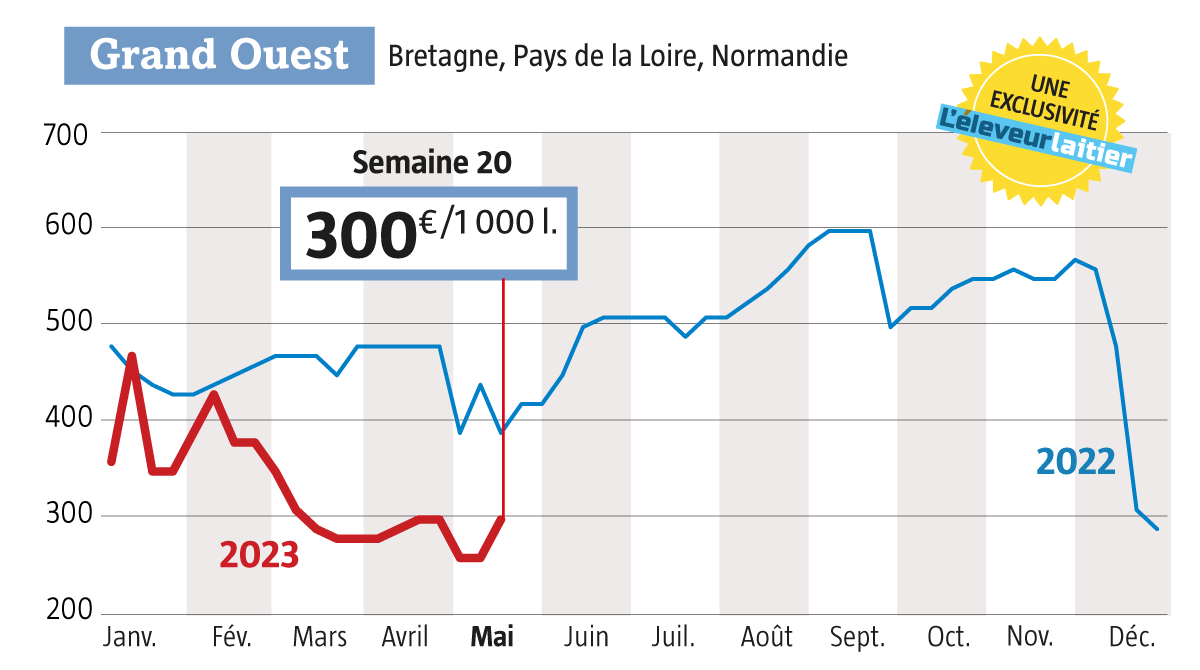 #prixdulait #Spot Il oscille entre 260€/1000 l et 3⃣0⃣0⃣€/1000l dans le grand Ouest depuis un mois. Retour cette semaine à 300€. Lire plus ici : bit.ly/3MygZbp