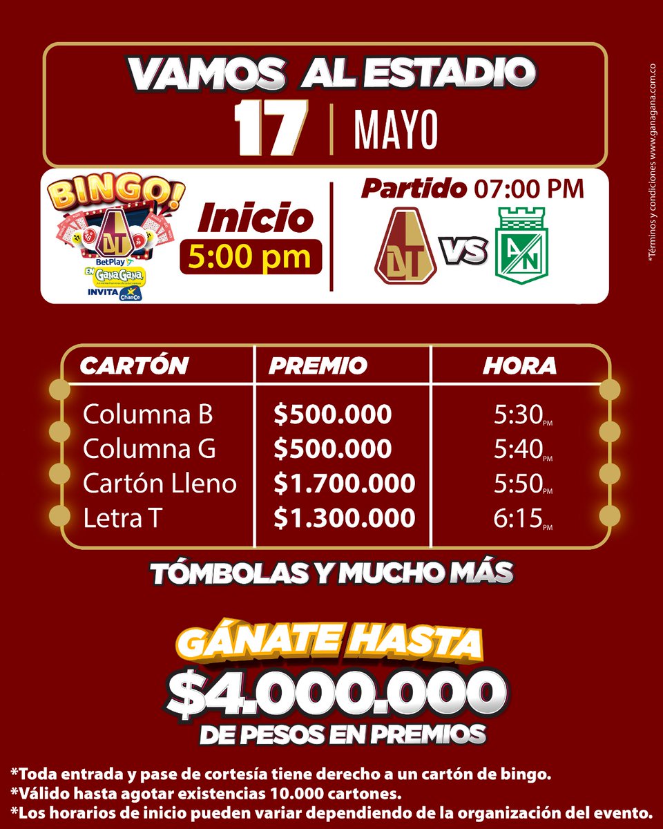 ganaganaoficial's tweet image. #Este #Miercoles vamos al estadio | 🏟️
✨ Te invitamos a disfrutar del #septimo Gran Bingo #BetPlay #EnGanaGana 💛💚 Club Deportes Tolima SA 🟡🟤
🗓️ Este 17 de Mayo tendrás la oportunidad de ganarte hasta 4 #MILLONES en premios y apoyar al #VINOTINTO y ORO. 🟡🟤