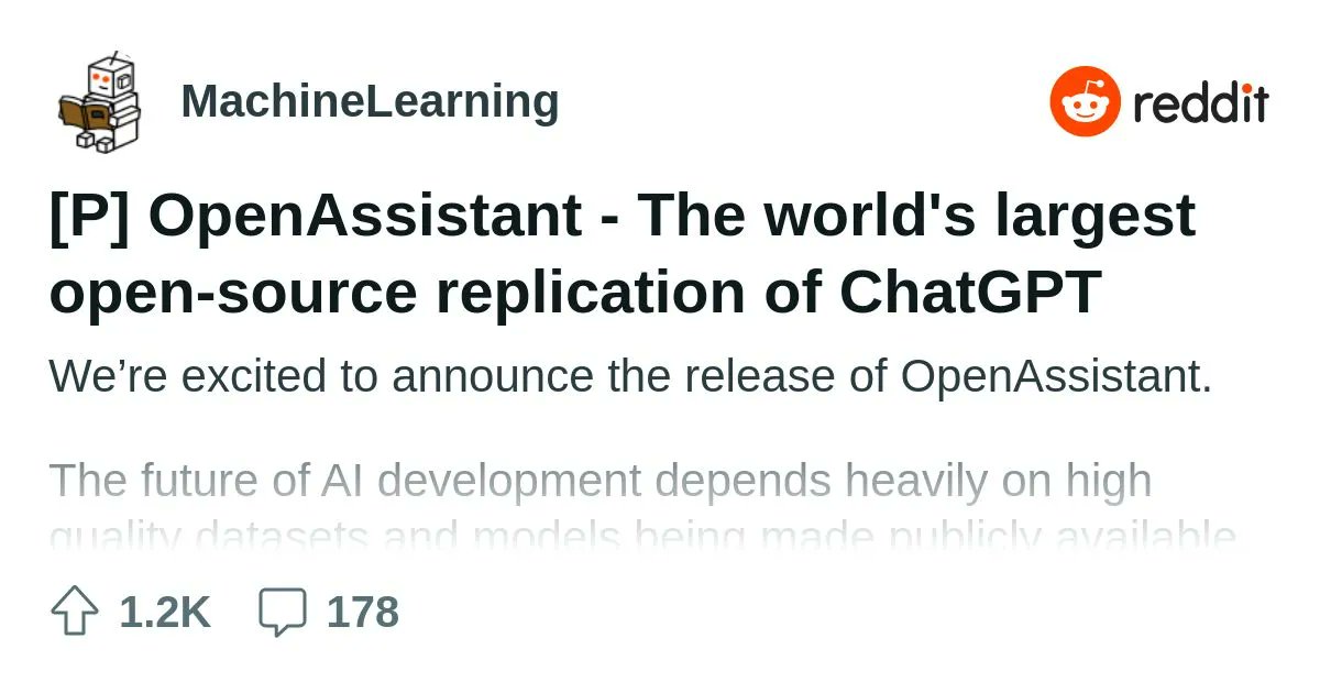 MikeTamir's tweet photo. [P] OpenAssistant - The world's largest open-source replication of ChatGPT : r/MachineLearning 
https://t.co/Qw5KJNtDik 

#AI #DeepLearning #MachienLearning #DataScience #GenAI https://t.co/9RCyHbgDdv