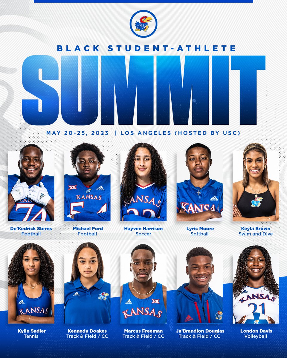 We are excited to be represented by these 10 great Jayhawks at the upcoming 2023 <a href="/BSASummit/">Black Student-Athlete Summit</a> in Los Angeles!

#RockChalk