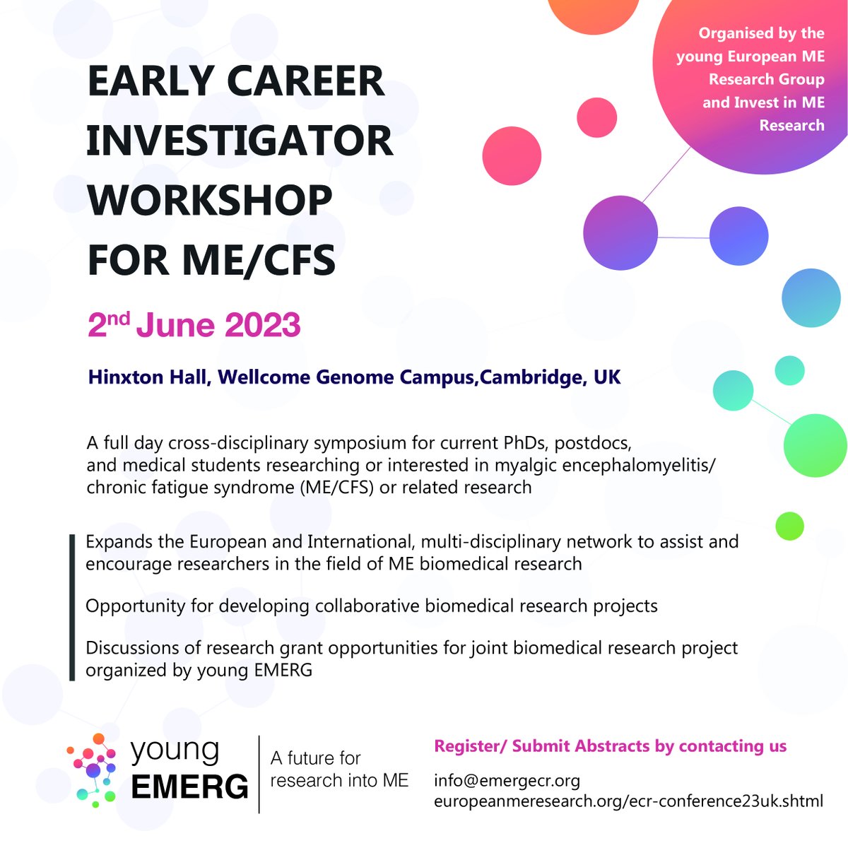 European ME Research Group
Early Career Researchers for #MECFS @YoungEMERG
Workshop 2 June, Hinxton Hall, Cambridgeshire, UK
For early career investigators/medical students researching or interested in ME &amp; #longcovid
europeanmeresearch.org/ecr-conference…
#research #longcovid #ECR @euromeall
