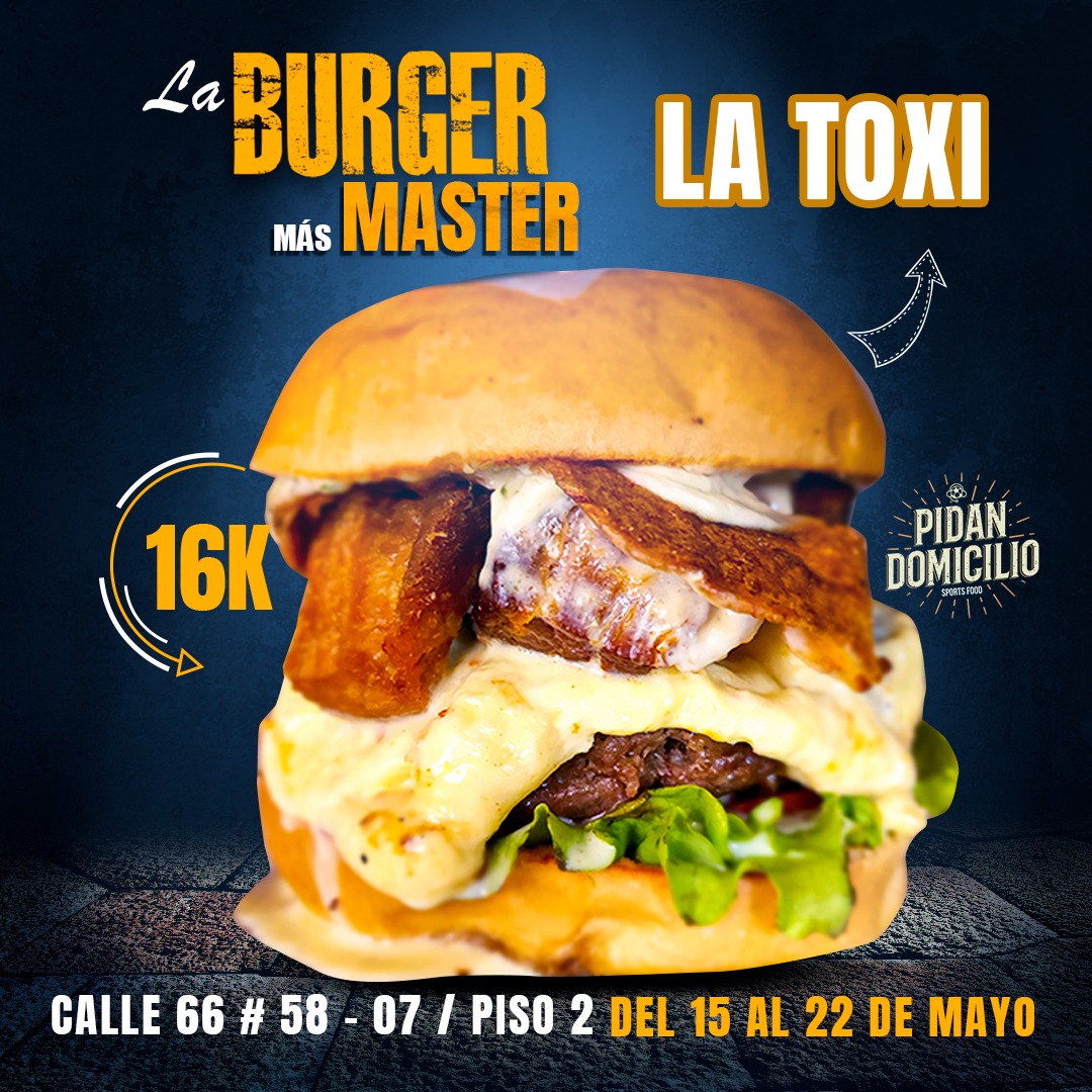EduardoLuisFut's tweet photo. NO ESTAMOS EN EL Burger Master...Pero tenemos la Burger más MASTER. En el evento más importante de hamburguesas del país lanzamos LA TOXI. Toda la semana a 16K. 
SIN FILAS ven a disfrutarla en Bog.  Carne premium, queso campesino asado, chicharrón, chips de plátano y crema agria https://t.co/HWLbokj4R4