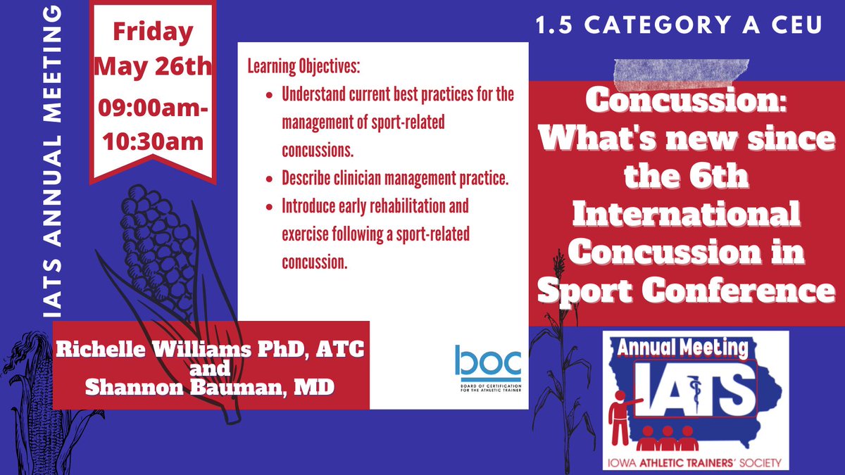 What's new in #concussionmanagement? Find out Friday with Richelle Williams of <a href="/DrakeATProgram/">Drake Athletic Training Program</a> and <a href="/sbjockdoc/">Dr. Shannon Bauman</a> from <a href="/concussionnorth/">Concussion North</a> 
Check out the rest of our awesome CEU opportunities and get registered on the IATS website event page