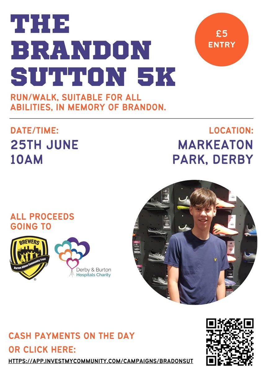 Join us on June 25th to run and raise lots of money in memory of Brandon Sutton. Friends & Family welcome 🏃🏻☀️🏅 Read more here… app.investmycommunity.com/bradonsut @JucdWellbeing @UHDBRunningClub @burtonalbionfc @DCHStrust @DHUHealthCare @royalhospital @GPTaskForce