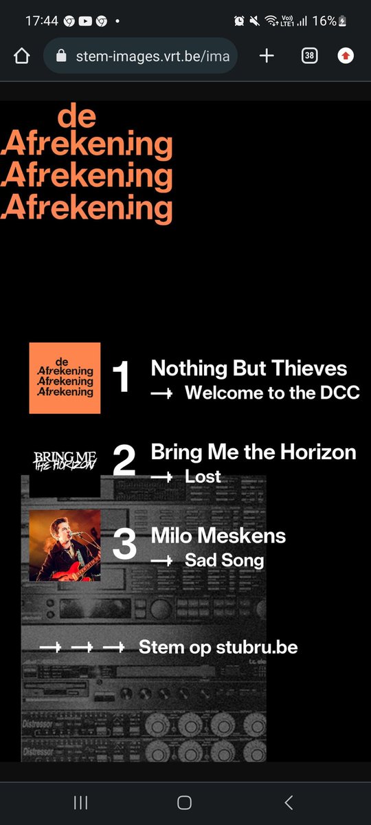 Stem net zoals mij op je favoriete platen via Stubru #DeAfrekening 
<a href="/stubru/">StuBru</a>

<a href="/NBThieves/">Nothing But Thieves</a> 
<a href="/bmthofficial/">Bring Me The Horizon</a>
<a href="/MiloMeskens/">Milo Meskens</a>