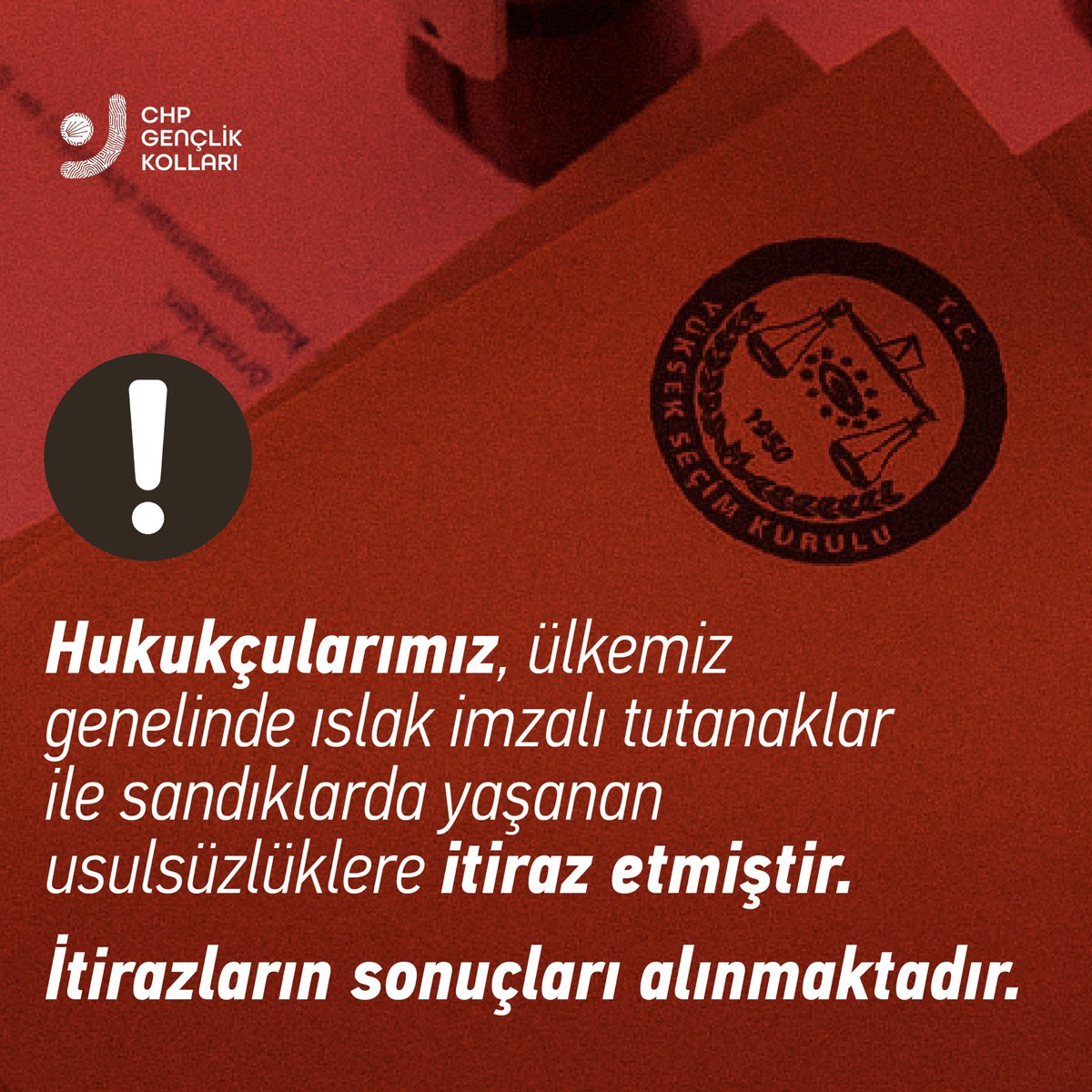 chpgenclik_gm's tweet photo. BİLGİLENDİRME | 

Hukukçularımız, ülkemiz genelinde ıslak imzalı tutanaklar ile sandıklarda yaşanan usulsüzlüklere itiraz etmiştir.

İtirazlarımızın sonuçları alınmaktadır.

KİMSE MERAK ETMESİN, OYLAR BİZE EMANET! https://t.co/7nQvbwBK8B