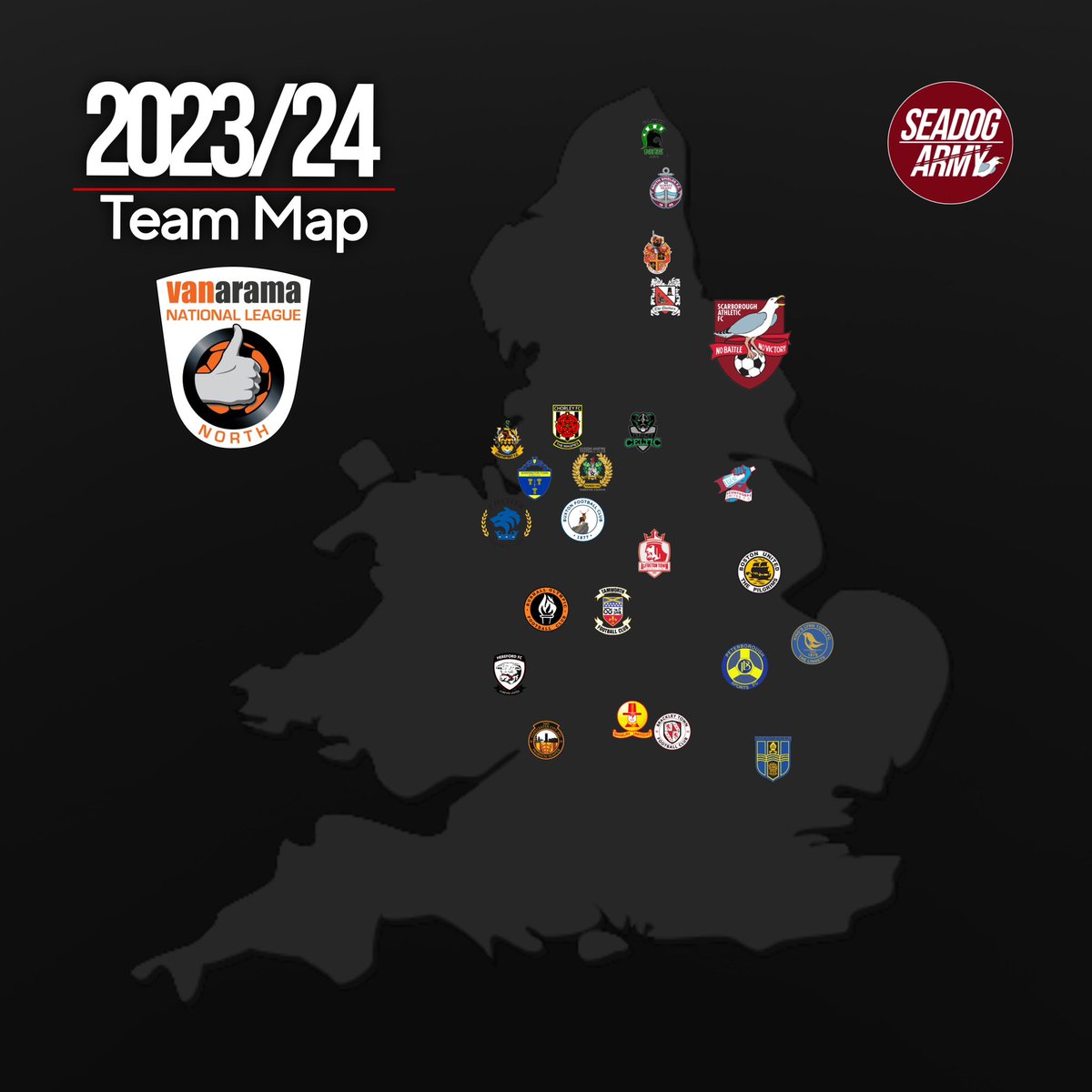 #NationalLeagueNorth team map!

Some huge trips here - including the controversial 226.3 mile trip to #BishopsStortford for the Boro. 

But an extraordinary trip for northernly #BlythSpartans, 270.8 miles between the two teams - and 278.5 miles between them and #Hereford.

#SAFC