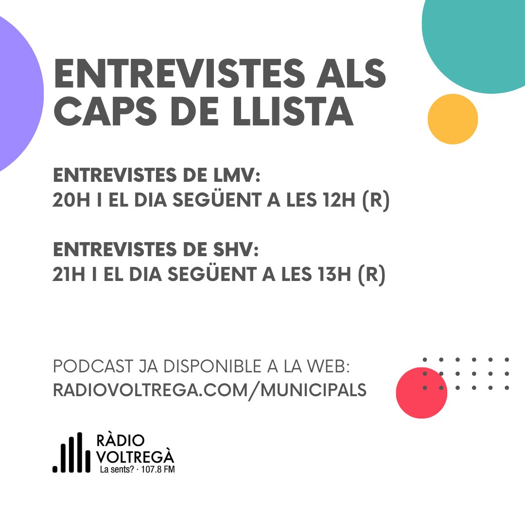 radiovoltrega's tweet photo. Avui comencem l'emissió de les entrevistes.

Masies: 20h (i reemissió el dia següent a les 12h)
Sant Hipòlit: 21h (i reemissió el dia següent a les 13h) https://t.co/FvHu2ZOfh7
