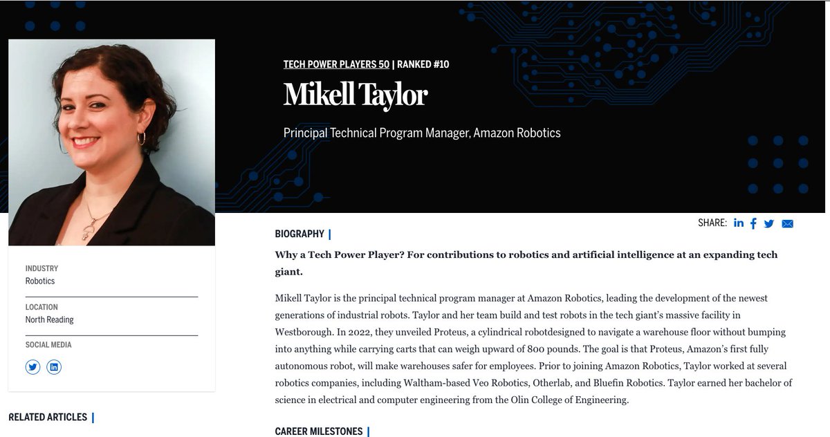 OlinCollege's tweet photo. Congratulations to @MikellTaylor '06, principal technical program manager at Amazon Robotics, for being named to the @BostonGlobe's second annual Tech Power Players 50 list! https://t.co/lkY3rfj6U6 #OlinAlumni #Superproud https://t.co/pJPZdmBHun