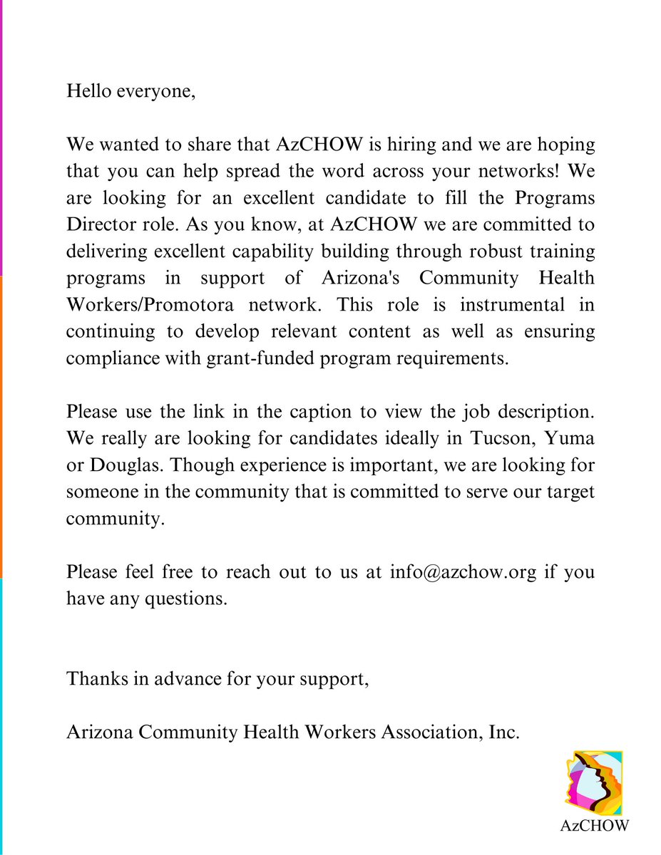 Az_CHOW's tweet photo. AzCHOW is hiring! View the job description here ▶️: https://t.co/Lx0YhEgCgL

#AzCHOW #Hiring #jobopportunity #ProgramDirectors #CHW #CHR #Promotora #Promotor https://t.co/SCv7zAfHVA