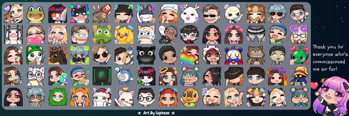 A little showcase of some of the many emotes I have had the pleasure of drawing. I'm so appreciative of every single person who has supported my art and commissioned me! 🥰

I will also be hosting an emote giveaway soon, so keep an eye out for that 💕

#TwitchEmoteArtist