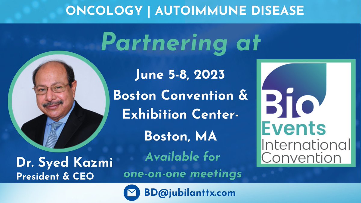 CEO, Syed Kazmi, Ph.D., is pleased to be attending <a href="/IAmBiotech/">Biotechnology Innovation Organization</a> International Convention and have the opportunity to network with thousands of biotech and pharma leaders. Dr. Kazmi is available for 1-on-1s to discuss our differentiated pipeline.
To partner: bit.ly/3o4afbz