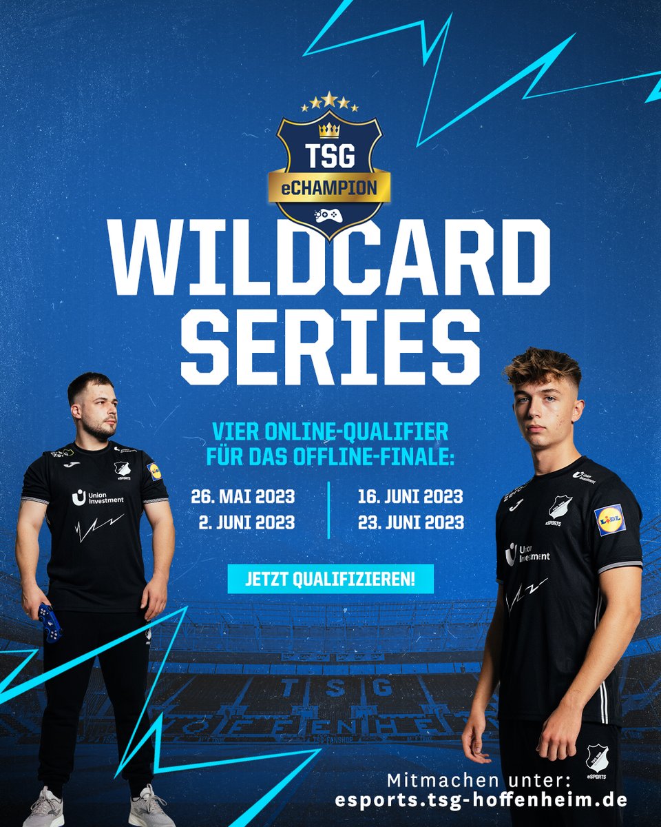 Jetzt wird es ernst: Der Startschuss zur 4-teiligen #TSGeChampion Wildcard Series!💥💥

⚽ 4 Turniere
🏆2 Wildcards pro Qualifier 
1️⃣ Ziel: Das Ticket für das Offline-Event in der PreZero Arena

🎮Mitmachen &amp; für einen Kaderplatz im TSG-Team empfehlen: bit.ly/3pLSDlt