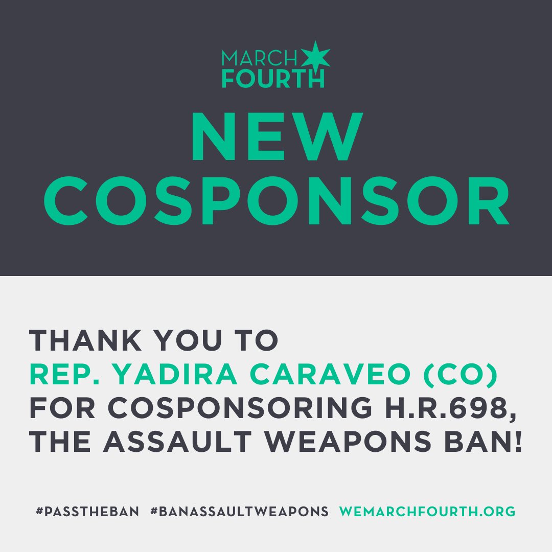 march_fourth_'s tweet image. NEWS ALERT: Colorado’s @RepCaraveoMD joined the list of over 200 cosponsors of the Assault Weapons Ban. Call her to thank her for committing to vote yes on this bill: call.ctrlq.org/+12022255625 #passtheban