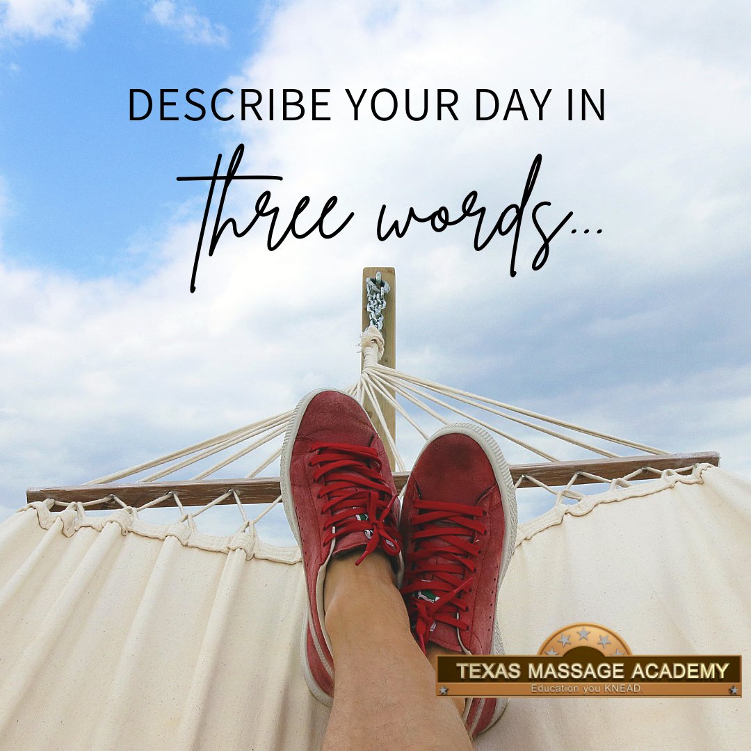 TXMassageAcadem's tweet image. Sum up your day in just three words! Mine is: busy, productive, rewarding. Can&apos;t wait to hear yours! #threewordday #dailyrecap #lifeinwords