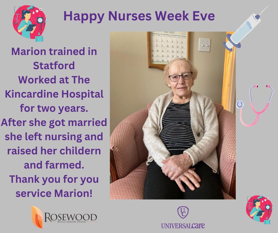 Rosewood RVilla was proud to support Nurses week May 8th to May 14th. Today we recognize Marion. Thank you, Marion, for all the care you provided during your career as a Nurse.
#RosewoodRVilla #Nurseweek #Retirement #UniversalCare #Ripley