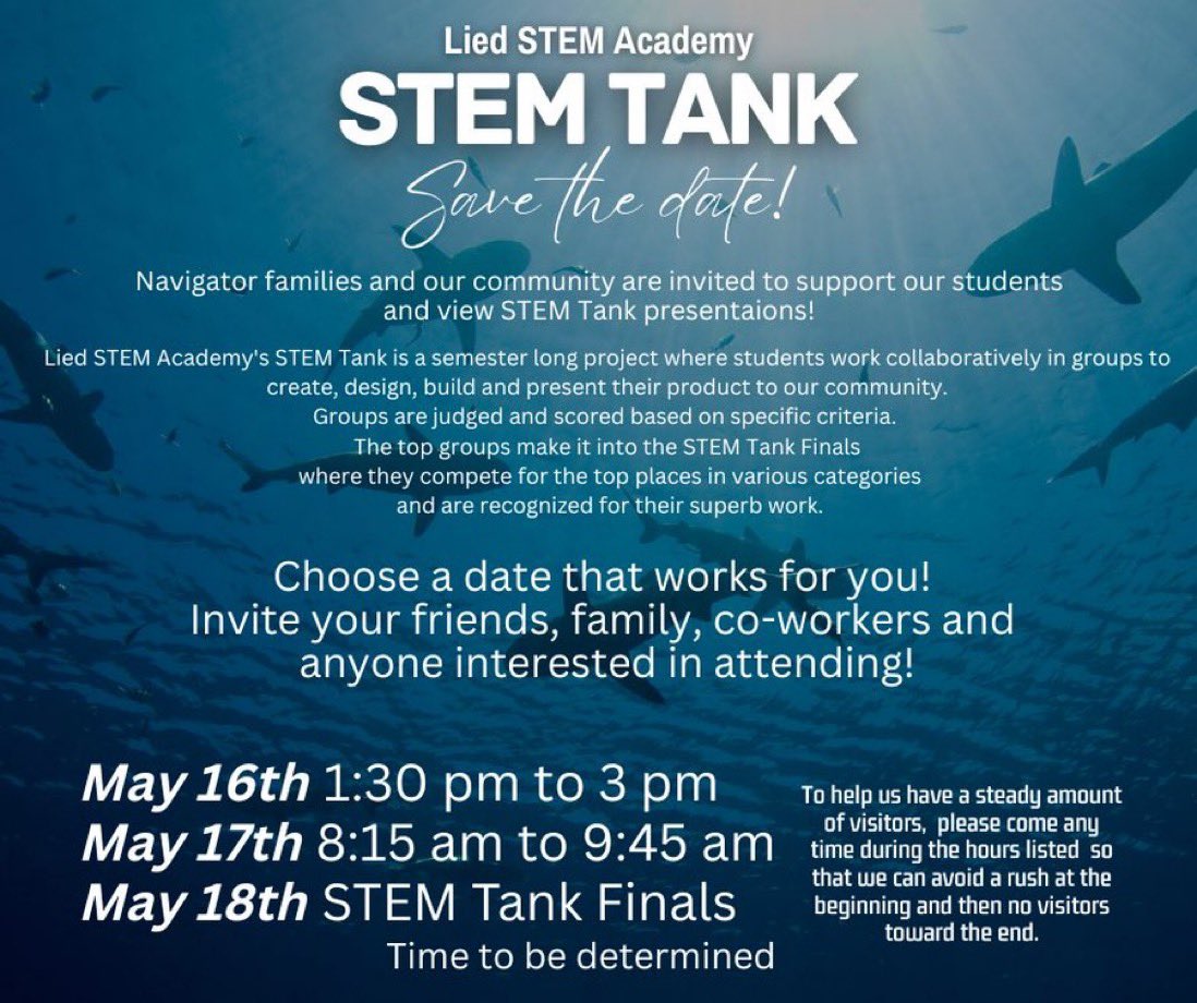 STEM Tank is today and tomorrow!
📋Come be a judge of our Navigator phenomenal projects. 

🗓️ May 16th from 1:30pm- 3:00pm

🗓️ May 17th from 8:15am - 9:45pm

🗓️ May 18th is STEM Tank Finals - TBD

We hope to see you there! 
#CCSDMagnet #LIEDStemAcademy #WeAreCCSD