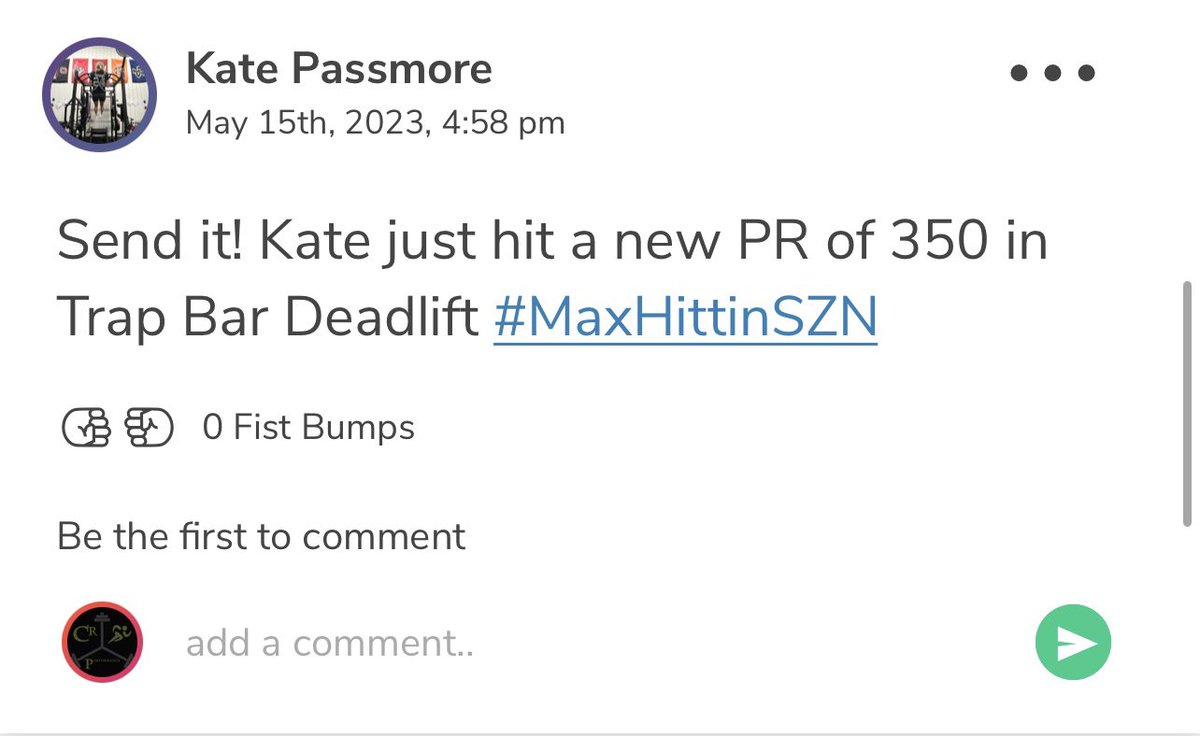 CRPerformanceT's tweet photo. Shoutout @Kate_passmore2 who has had her self a ridiculous week of training. 

- Broke her gym record and hit a 31.3” Vert (Jump Mat)

- Broke her gym record and hit a top speed of 18.59 mph (20yd Build in to 10yd sprint, Dashr)

- Tied for 2nd in Female Deadlift at 350lbs. https://t.co/o43nOAXeG8