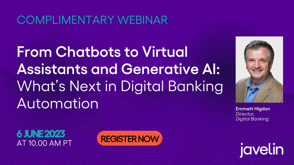 🗣️ Join us as <a href="/JavelinStrategy/">Javelin Strategy</a>’s <a href="/ehigdon/">Emmett Higdon</a> shares consumer insights into what delights and frustrates digital banking customers about today’s automated interactions. #AI #ChatGPT #VirtualAssistants <a href="/NuanceInc/">Nuance Communications</a> 

Register now: ow.ly/8v7C50OphJq
