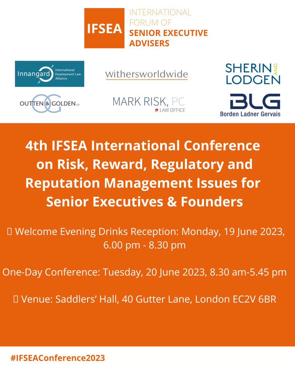 📢💡 Latest speakers announced for the #IFSEAConference2023 on 20 June in London:
Kelly Dermody, <a href="/LieffCabraser/">Lieff Cabraser</a>, California, USA
Kim Fletcher, <a href="/BrunswickGroup/">Brunswick Group</a>, UK
Howard Hymanson, <a href="/Harbottle_Lewis/">Harbottle & Lewis</a>, UK
Find out more &amp; Register: ifseanetwork.com/events/ifsea-c… #Founders #IFSEA #IFSEA2023