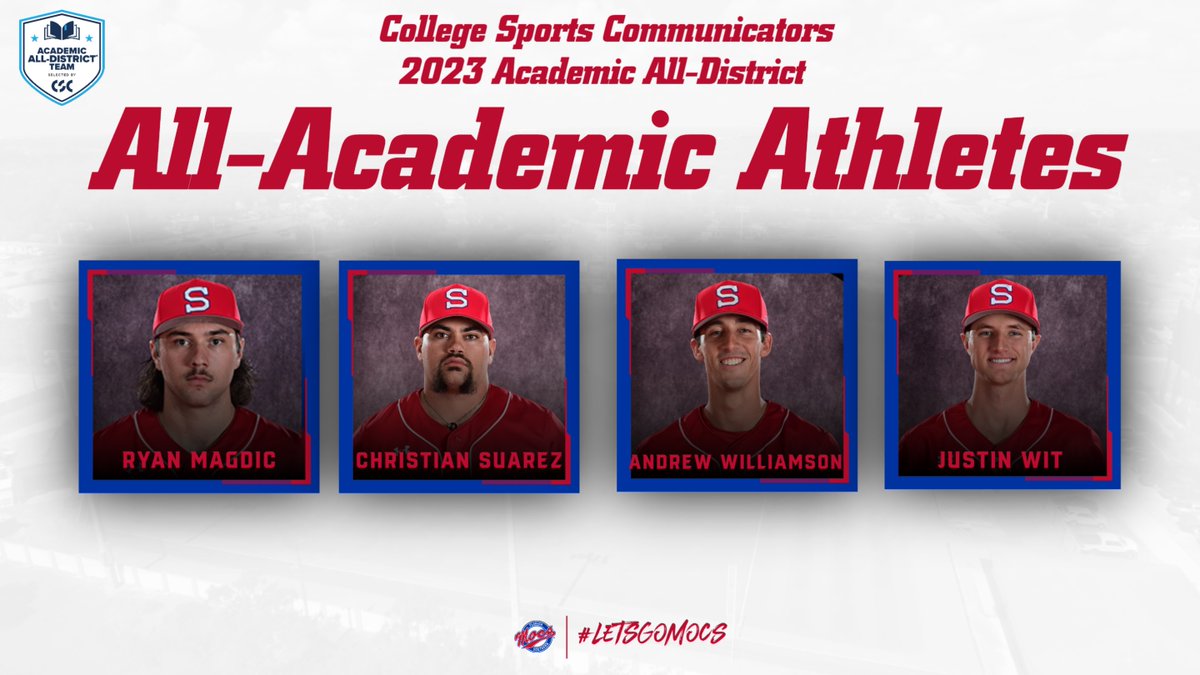 FSC_Mocs's tweet photo. Congrats to Ryan Magdic, Christian Suarez, Andrew Williamson, and Justin Wit from @MocsBaseball named to the @CollSportsComm Academic All-District Team! #LetsGoMocs

📰: https://t.co/lSZmDBSD1e https://t.co/ZhhoJ6ZH5n