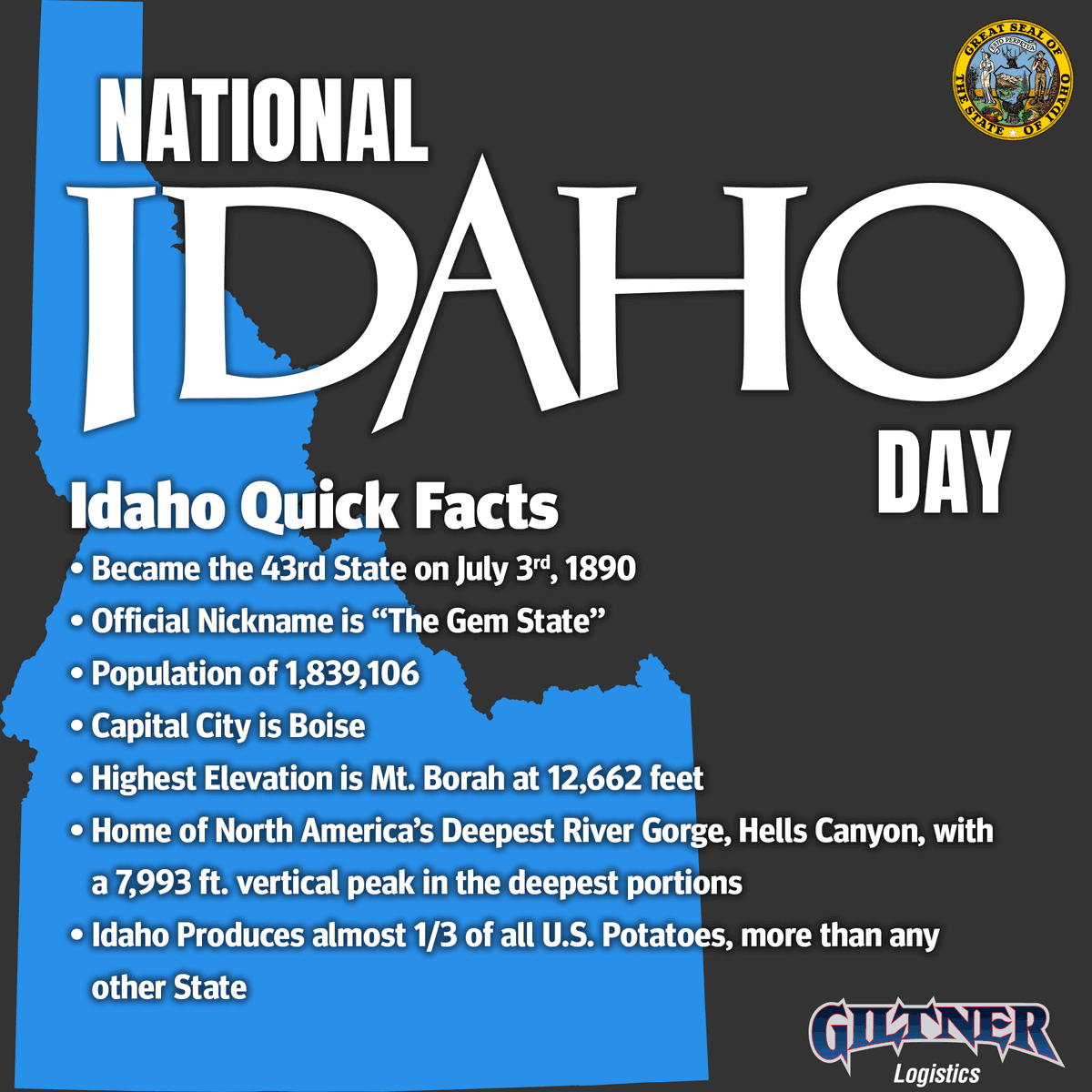 We may be all over the #UnitedStates, but our roots happily reside in #Idaho.🌎 How many of these facts did you know?☑️ #NationalIdahoDay #HomeSweetHome #LetsGetYouHome #OurRoots #IdahoNative #Logistics #KeepAmericaMoving #GoWithGiltner #GiltnerGoesFurther #Giltner #TheBetterMove