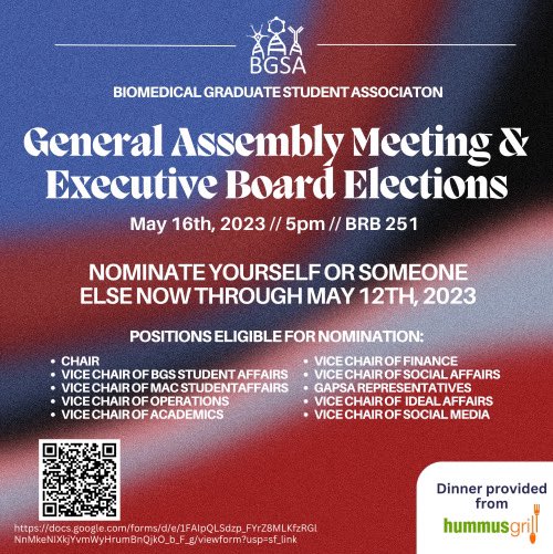 Today at 5pm in BRB 251: BGSA exec board elections!! Come by to vote and have some free dinner after you’ve voted in the Philadelphia primaries!