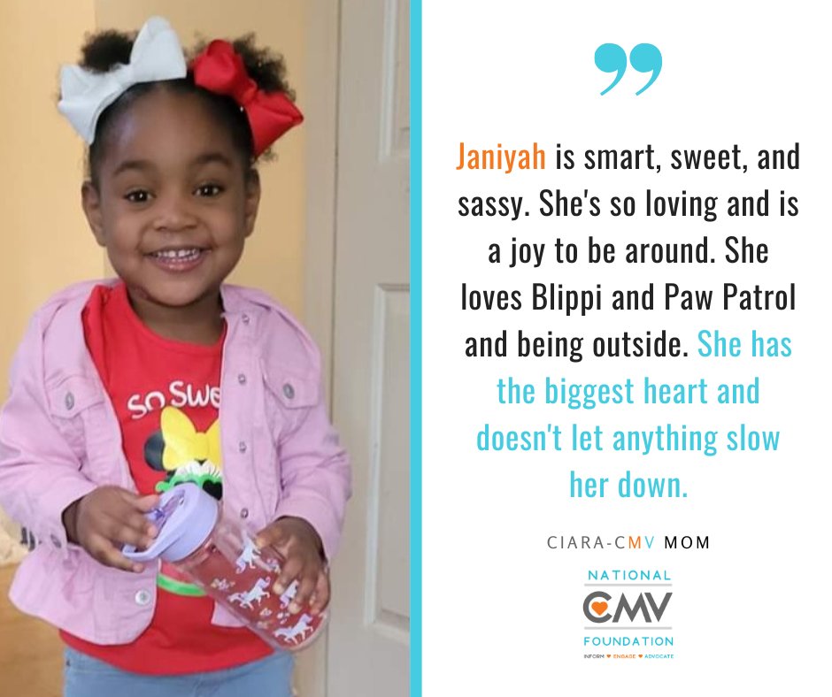 Say hi to Janiyah! She is 3 years old and representing our #FacesofCMV today! 🧡

If you would like to submit a story and photo for our 2023 Faces of CMV campaign, click here: surveyhero.com/c/npqhqdh3

#Screen4CMV #StopCMV #CMVAwareness #Strides4CMV #CMVKids #ReduceYourRisk