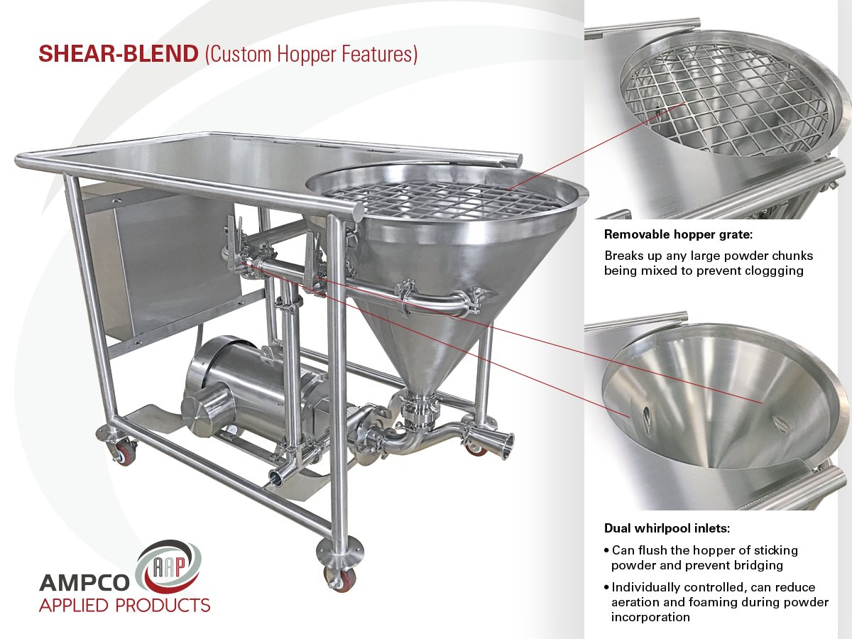 AmpcoPumps's tweet image. Custom hopper features are in the mix with this SHEAR-blend: ampcopumps.com/shear-blend 

Portable tabletop #mixingsystem 
Dual whirlpool inlets 
Flush sticking powder, prevent bridging
Reduce aeration and foaming 
Break up large clumps 

#AmpcoAppliedProducts
#AmpcoPumpsAdvantage
