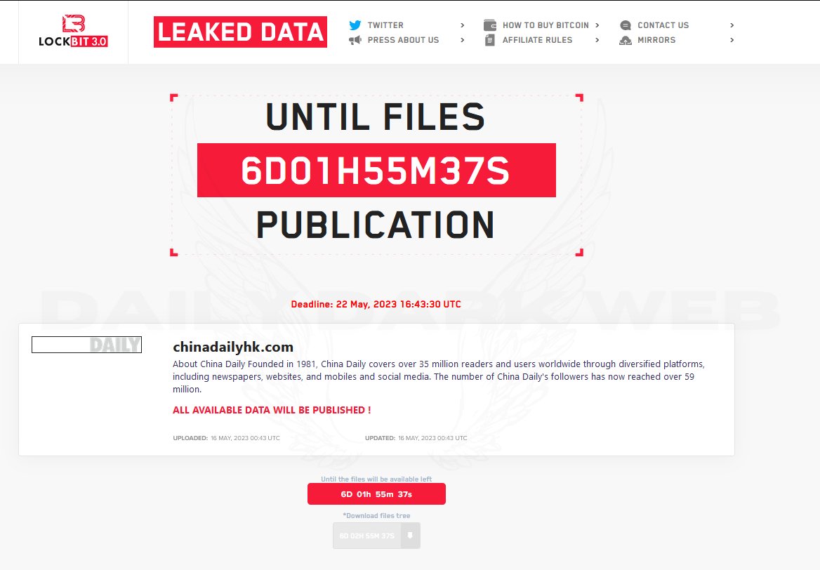 #China 🇨🇳 - LockBit ransomware group has announced China Daily on the victim list

"China Daily is a news organization that provides China-focused information, analysis, comments, and entertainment for global readers."

#DarkWeb #ransomware