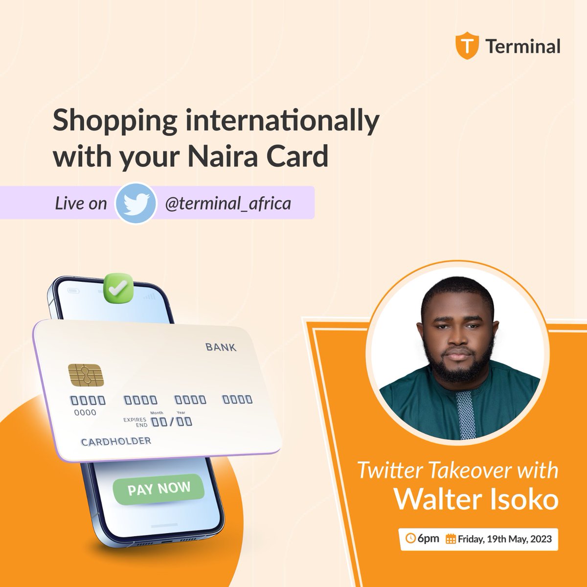 terminal_africa's tweet photo. It's the Ultimate Twitter Takeover! π
#JoinTheConversation as @isokowalter takes over our Twitter account with mind-blowing tips to shop & ship internationally, as well as exclusive insights.
π
- Fri 19 May, 2023
β° - 6pm
#TerminalAfrica #ShipNowSaveMore https://t.co/KXAUkUlECC