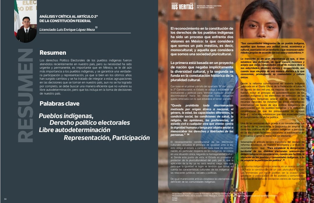trielecpue's tweet photo. Te invitamos a consultar nuestra revista #IUSVERITAS en su primera edición del 2023.

📝"Análisis y Crítica al Articulo 2° de la Constitución Federal".  
✍🏻Lic. Luis Enrique López Meza, Secretario de Estudio y Cuenta del Tribunal Electoral del Estado de Puebla. https://t.co/JH1yeEFSit