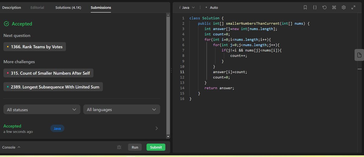RuidasSathi's tweet photo. Day(05/100) of #100daysofcode with @yesiamtechjc @ArijitThisis @nishu__priya08 @SujataP47223391 @Roumodip456 

Did: How many numbers are smaller than the current number from #leetcode 

Submission_Link:https://t.co/abxYEw8JhY

Github_Link:https://t.co/wUPNisKcPv https://t.co/NNnNIiyv0D