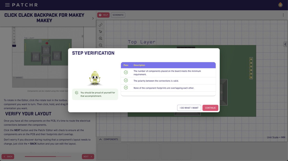 patchr_io's tweet image. #Patchr #CAD version 1.0.9 is here, and with it an enhancement to our #AI teacher assistant known as Squidly! As you design your own custom PCB, your actions are now displayed in a list to track your progress while also providing assistance and feedback if an error arises!