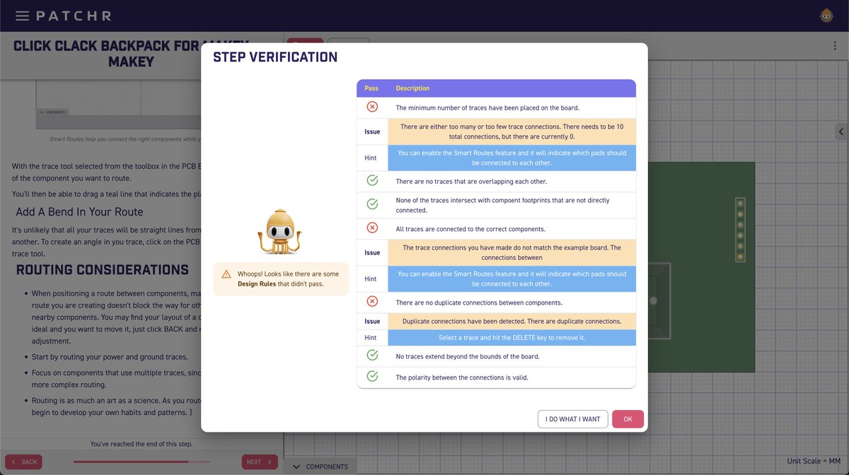 patchr_io's tweet image. #Patchr #CAD version 1.0.9 is here, and with it an enhancement to our #AI teacher assistant known as Squidly! As you design your own custom PCB, your actions are now displayed in a list to track your progress while also providing assistance and feedback if an error arises!
