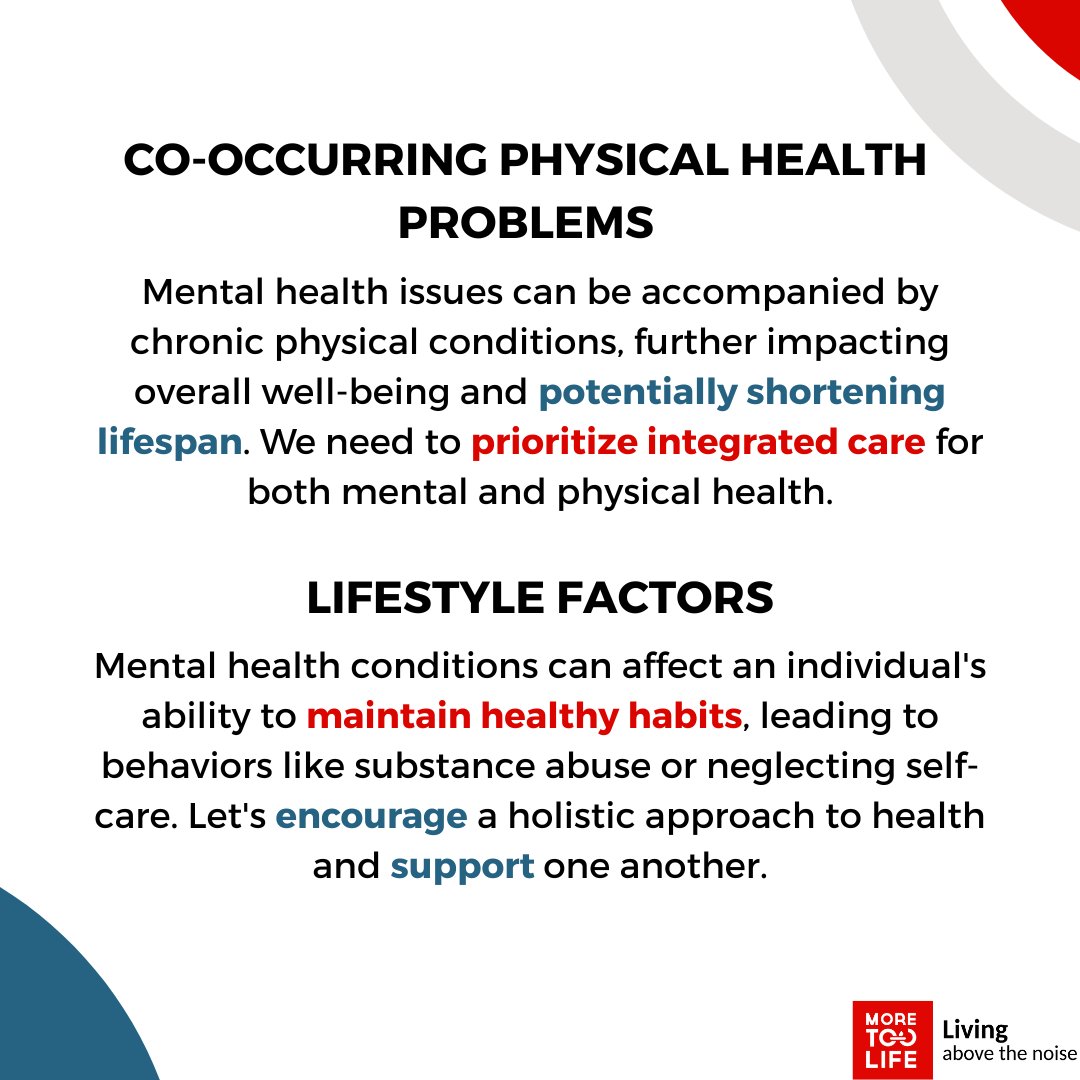 Did you know that individuals with mental health conditions may face a higher risk of premature death? It's crucial to shed light on this important issue. Together, we can make a difference. Let's raise awareness and support those who need it.#MentalHealthMatters #MoreTooLife