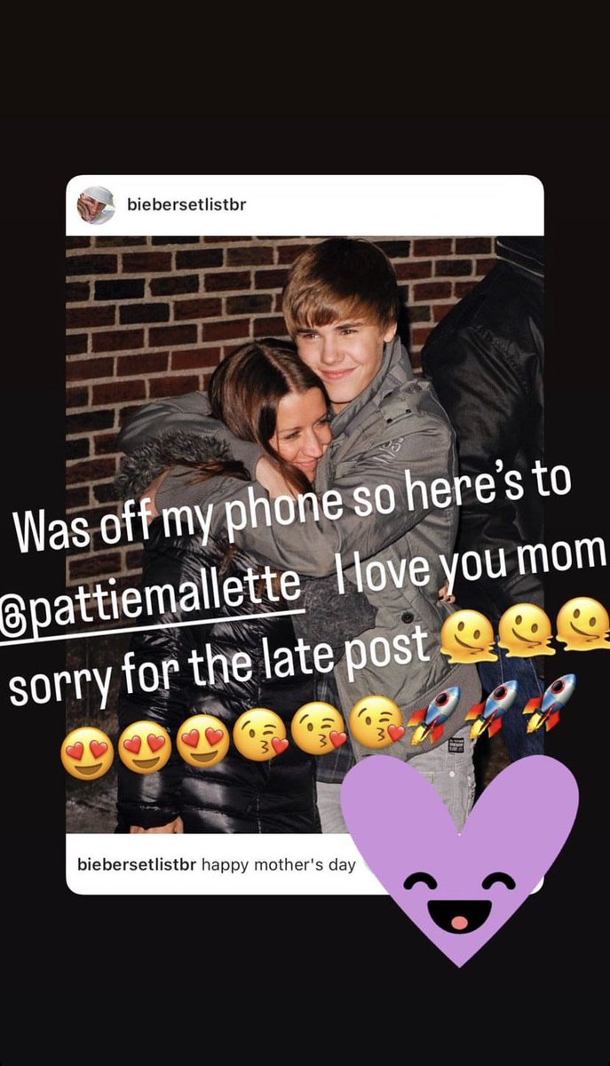BMBRbackup's tweet photo. Antes tarde do que nunca! Justin Bieber via Instagram Stories: “Estava off do meu celular, mas aqui está para a Pattie Mallette: eu te amo mãe, desculpa o post atrasado! *cheio de emoji*”

Atenção no fã clube brasileiro sendo repostado. https://t.co/CasABYCTt1