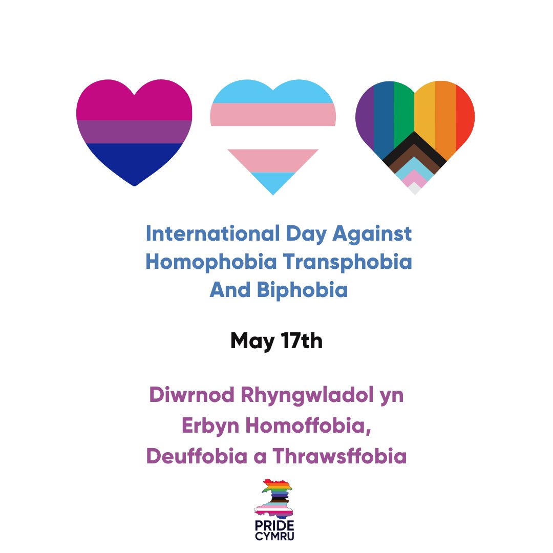 PrideCymru's tweet photo. Today is International Day Against Homophobia, Biphobia and Transphobia.This day aims to raise awareness of the violence and discrimination faced by the LGBT+ community. Today we are reminded how far we have to go for equality in the UK and around the world. https://t.co/ubCFKi7ToN