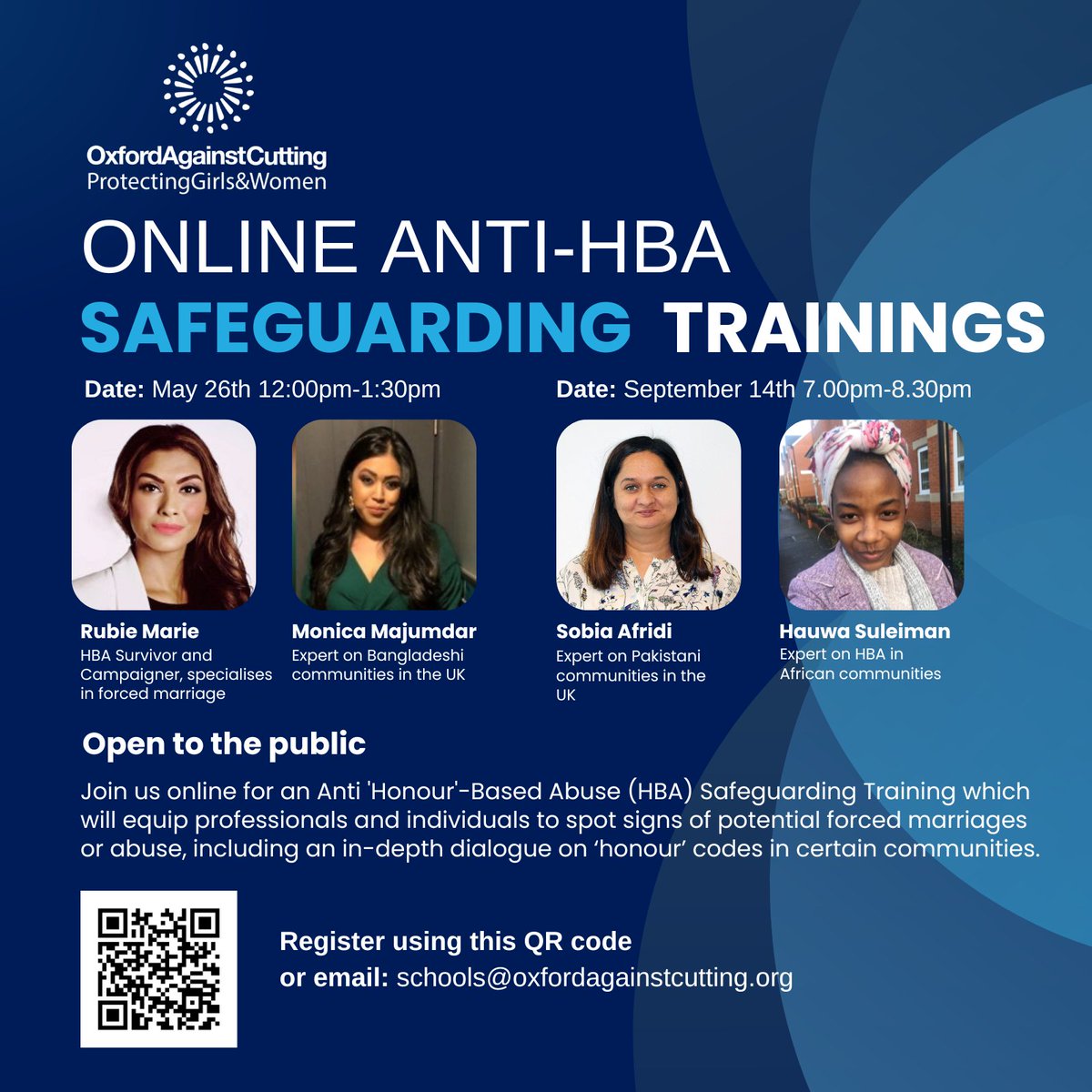 Join us for our free anti 'honour'-based abuse safeguarding trainings for professionals.
You can register for this event via scanning the QR code or emailing: schools@oxfordagainstcutting.org

#FreeWorkshop #DoctorTraining #NurseTraining #PoliceForce #SchoolTraining #Safeguarding