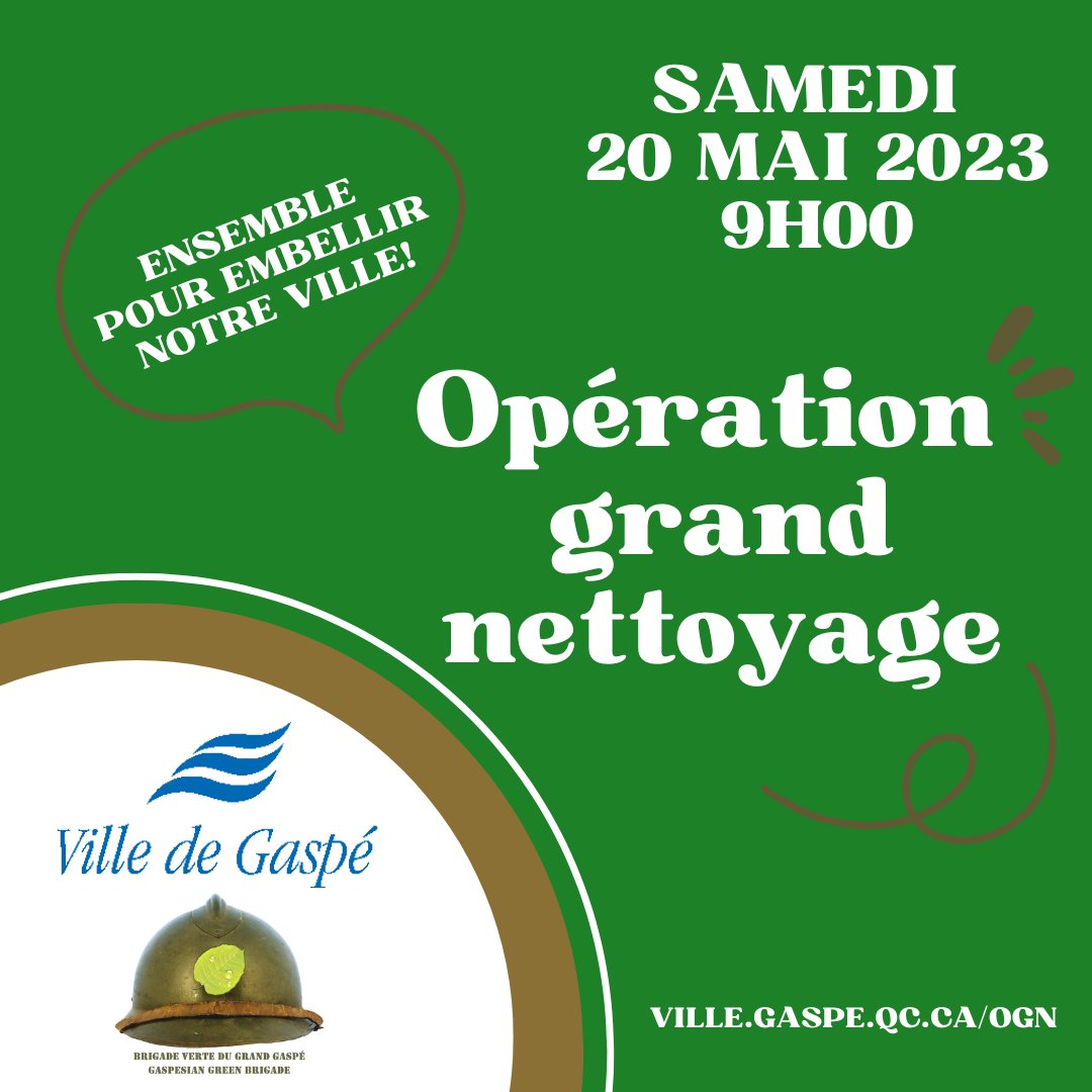 Dès 9h00, le samedi 20 mai, c'est l'Opération grand nettoyage 2023 de la Ville de Gaspé. 🧹♻️
 Pour tous les détails, suivez ce lien : ville.gaspe.qc.ca/ogn

 #Gaspé #GaspéPurPlaisir #OGN