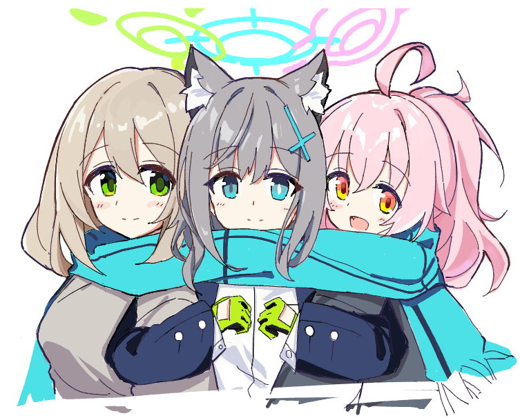 hoshino (blue archive) ,shiroko (blue archive) multiple girls green gloves scarf 3girls halo blue scarf animal ears  illustration images
