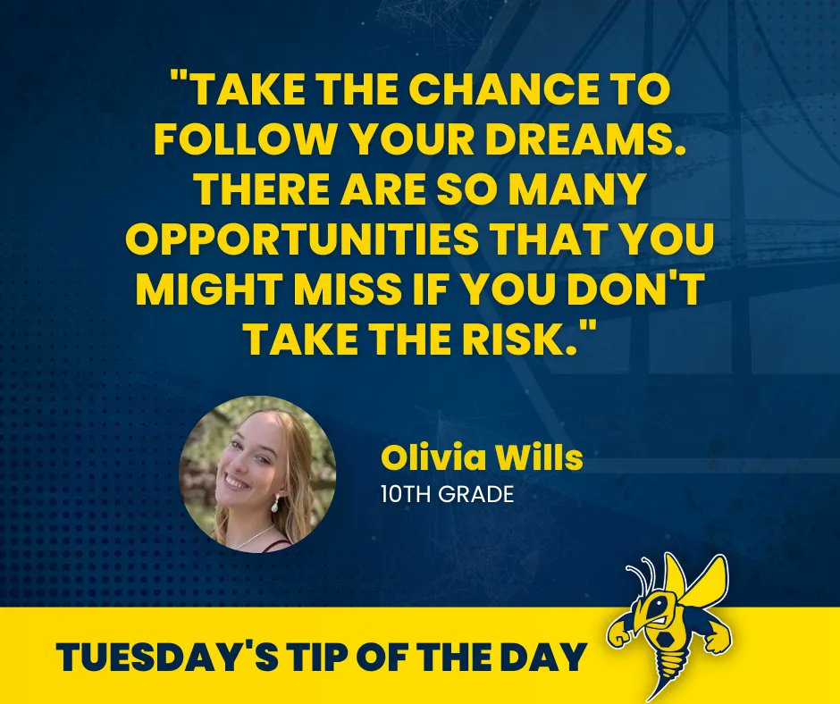 Tuesday's Tip of the Day! 💡

Michigan International Prep School 10th grader Olivia Wills encourages fellow students to take the leap and pursue opportunity...even when there's some risk involved. 

#TipOfTheDayTuesday