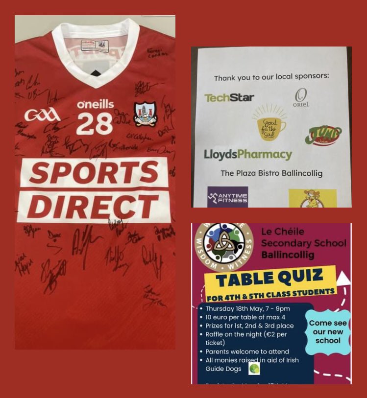 RT irishguidedogs "RT <a href="/lecheileb/">Le Cheile Secondary School, Ballincollig</a>: Thank you to Cork Hurling team for donating a signed jersey as a prize at Thursday’s table quiz and to all our local sponsors who also generously donated spot prizes. All monies raised goes to the Irish Guide Dogs 😊s… "