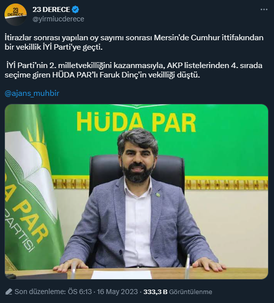 Aslında olan;

Rezil olmaktan utanmayan bir kitle var ama lütfen şunu elden ele;

Faruk Dinç'in vekilliği düşmedi, çünkü ortada bir itiraz yok. Yeni TBMM'de mazbatasını alacak

Ne Mersin ne de Batman'da vekillik herhangi bir partiden diğerine geçmedi

Yok yani

Şaka gibi :)