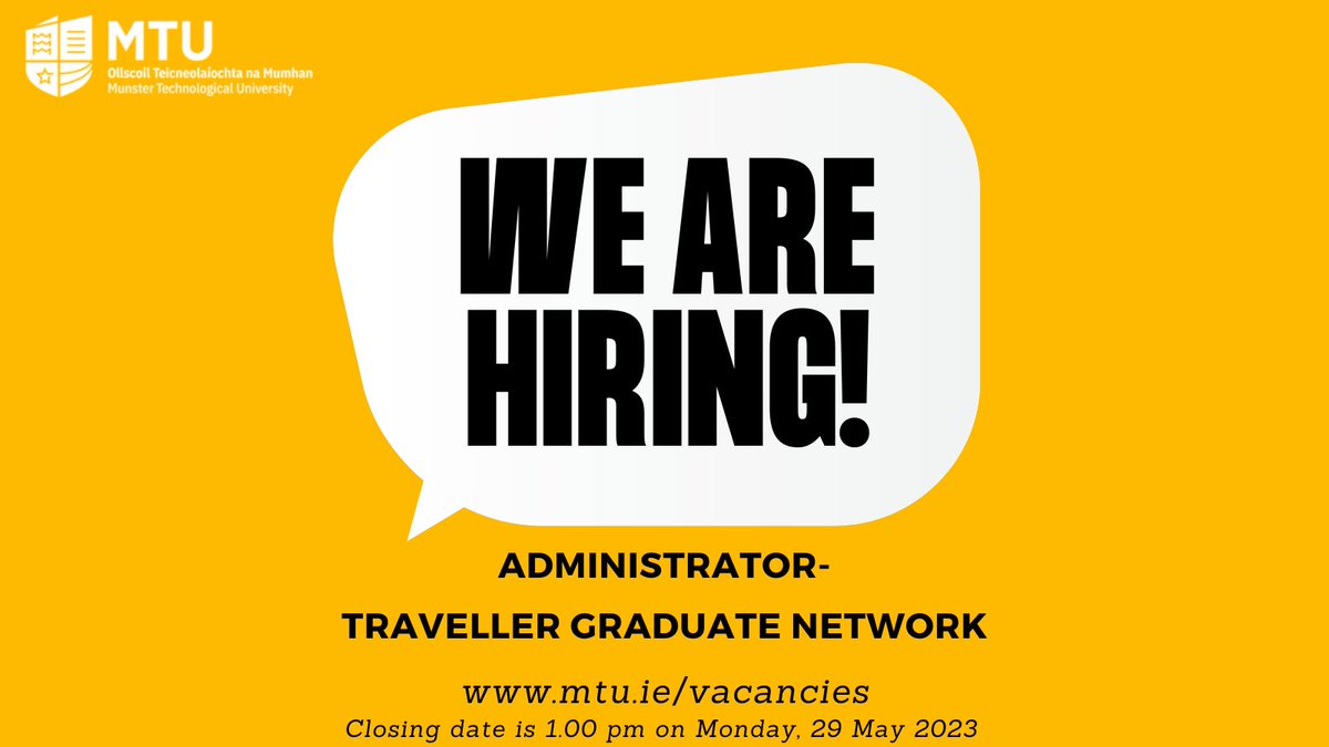 MTU Cork Campus Access Service (@mtucork_access) on Twitter photo <a href="/MTU_ie/">Munster Technological University</a> is currently recruiting for the following position based in <a href="/MTUCork_Access/">MTU Cork Campus Access Service</a>; Administrator - Traveller Graduate Network (up to 31 Dec 2023). Visit mtu.ie/vacancies for additional information & to apply. Closing date is 1.00 pm on Monday, 29 May 2023 <a href="/SoarForAccess/">SOAR Project</a> <a href="/MTU_ie/">Munster Technological University</a> is currently recruiting for the following position based in <a href="/MTUCork_Access/">MTU Cork Campus Access Service</a>; Administrator - Traveller Graduate Network (up to 31 Dec 2023). Visit mtu.ie/vacancies for additional information & to apply. Closing date is 1.00 pm on Monday, 29 May 2023 <a href="/SoarForAccess/">SOAR Project</a>