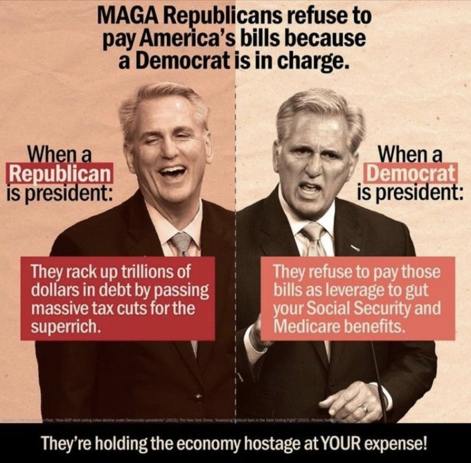 Just Announced: #MAGARepublicans are holding the America hostage.
Kevin McCarthy is a congressman with no principles or Integrity. #GOPHypocrisy
They are refusing to pay America bills because a democrat is in-charge. 
#republicansdefaultonvets #GOPLIes
twitter.com/FactsATruth/st…